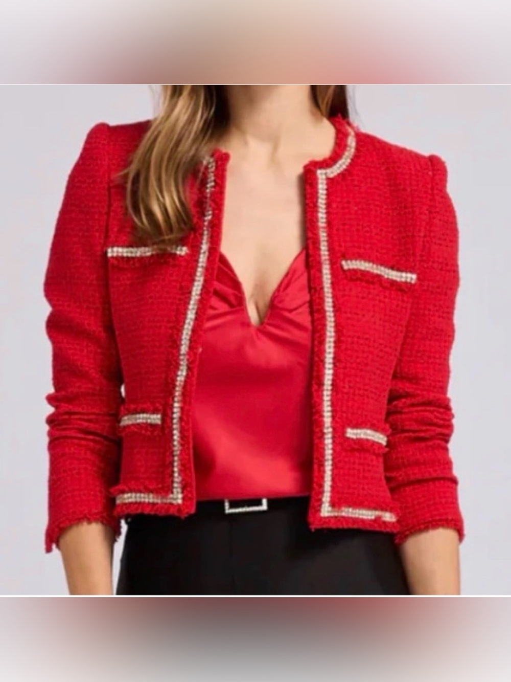 Generation Love Red Tweed Boxy Jacket with Rhinestone Trim - Picture 3 of 5